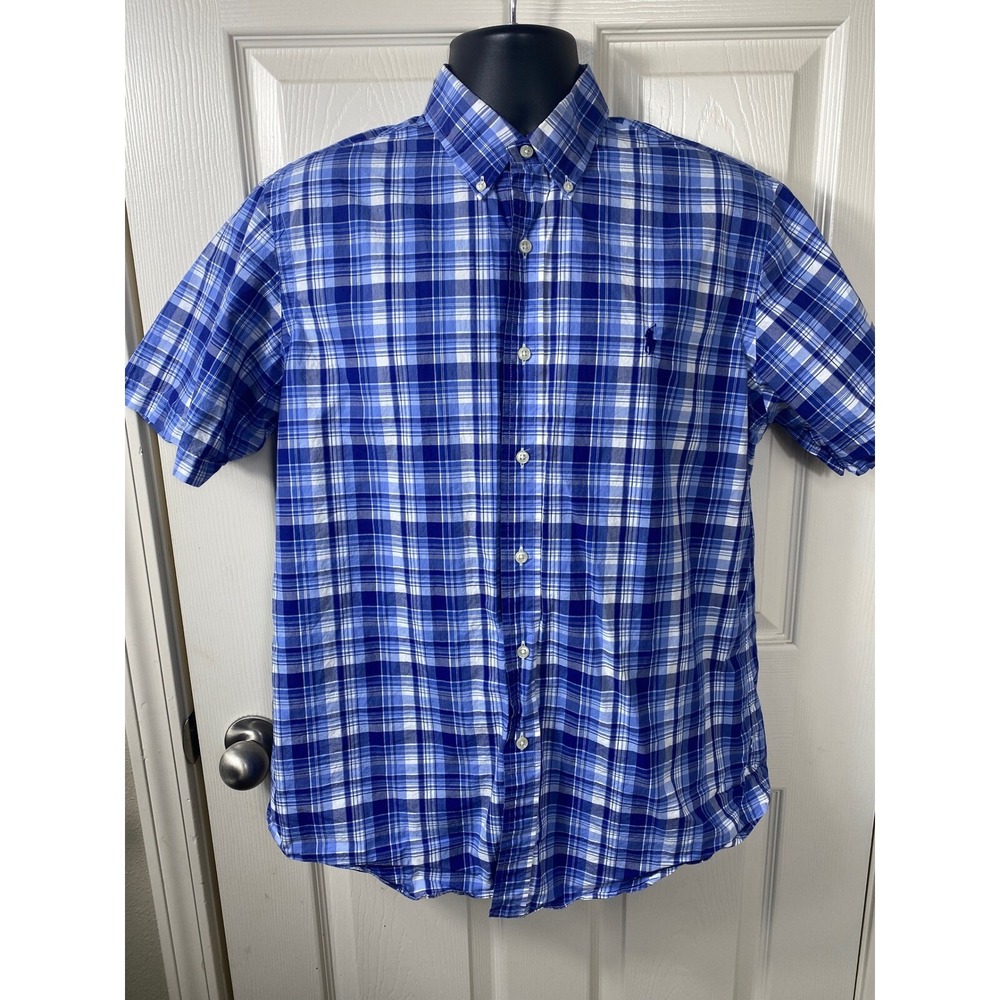 Ralph Lauren Blue Plaid Men's Button Down Short Sleeve Casual Shirt Sz L‎ Preppy
